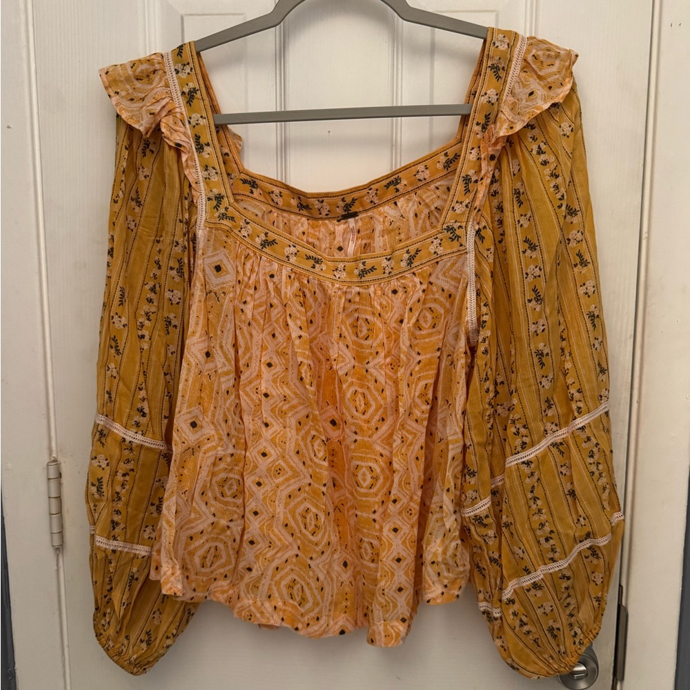 Free People Mustard Yellow Patterned Peasant Blouse